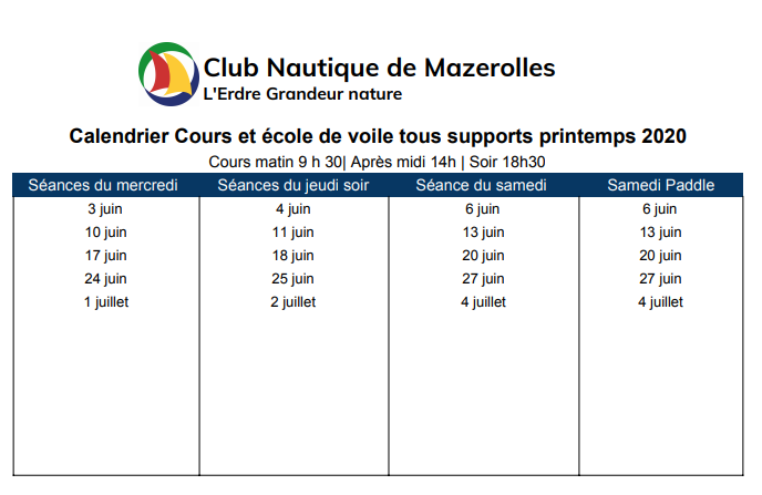 Calendrier des cours de voile